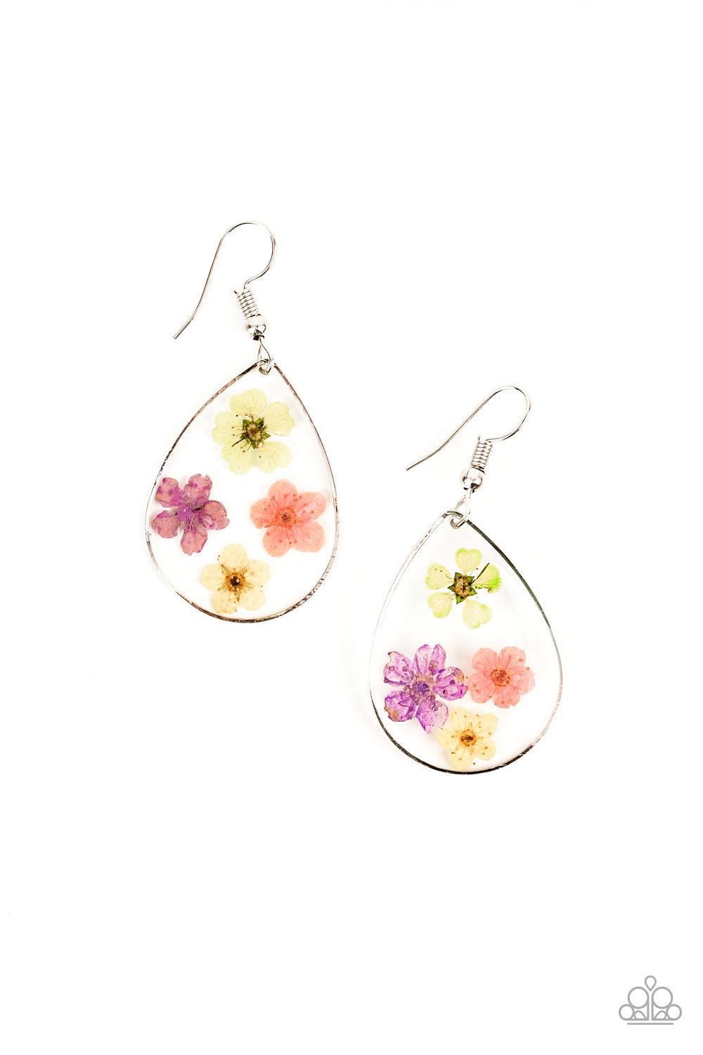 Paparazzi Accessories Perennial Prairie - Multi Dainty green, pink, purple, and yellow flowers are encased in a glassy teardrop, creating a whimsical frame. Earring attaches to a standard fishhook fitting. Sold as one pair of earrings. Jewelry