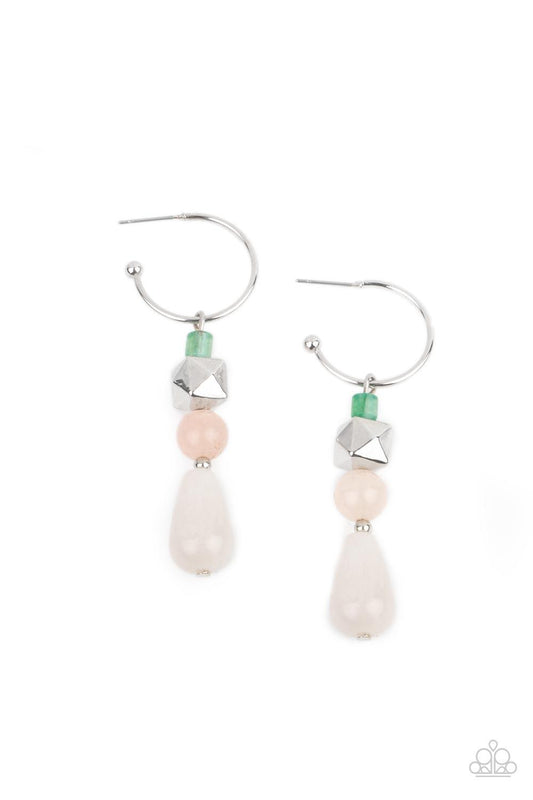 Paparazzi Accessories Boulevard Stroll - Multi A charismatic collection of jade, pink, and white stone beads, accented with a silver faceted square bead, are threaded onto a silver pin which dangles from a dainty silver hoop. Earring attaches to a standar