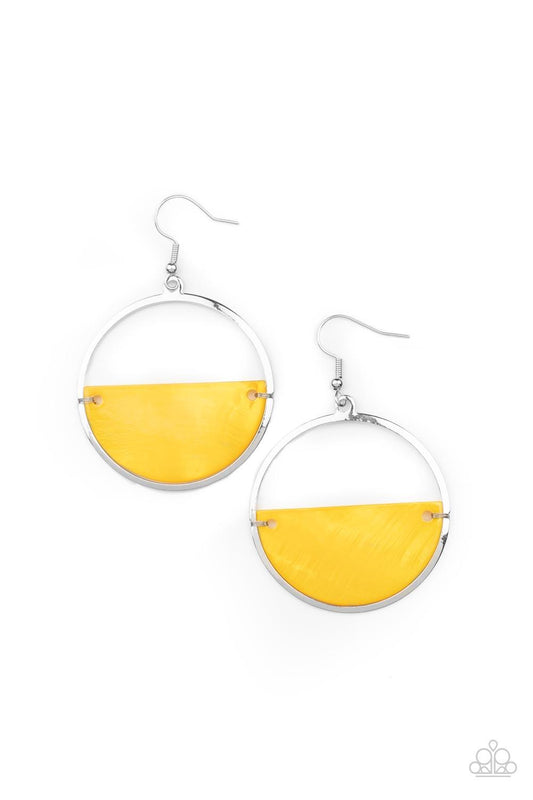 Paparazzi Accessories Seashore Vibes - Yellow Brushed in an iridescent shimmer, an Illuminating half moon shell attaches to the bottom of a flat silver hoop for a summery splash of color. Earring attaches to a standard fishhook fitting. Sold as one pair o