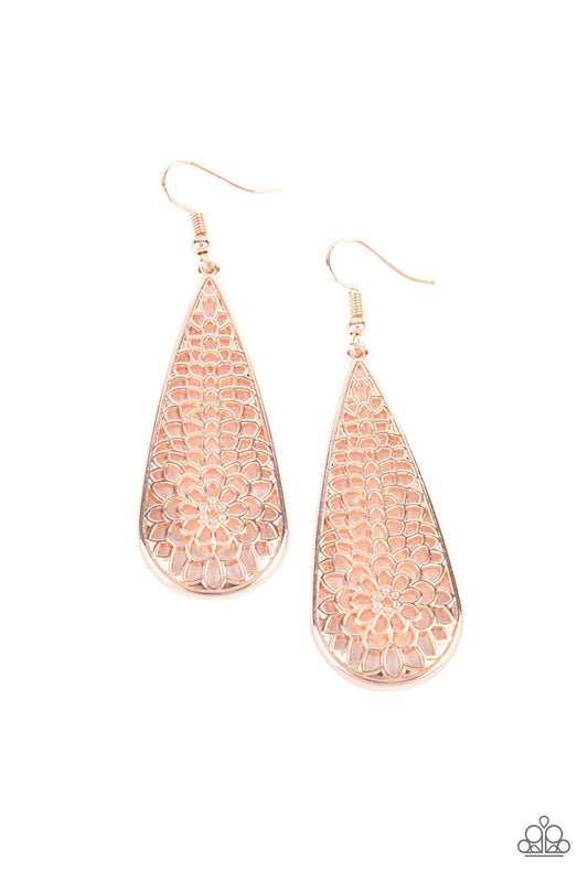 Paparazzi Accessories Posy Pasture - Rose Gold A mesmerizing explosion of shiny rose gold filigree petals bursts inside an oversized teardrop frame creating a dreamy nature inspired lure. Earring attaches to a standard fishhook fitting. Sold as one pair o