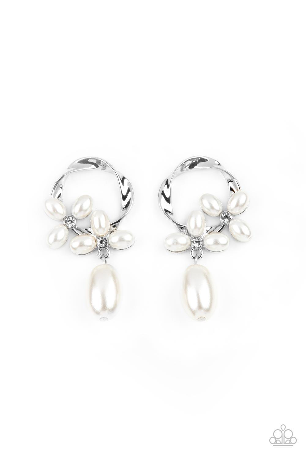 Paparazzi Accessories Elegant Expo - White An oversized oval pearl bead swings from the bottom of a twisted silver hoop that is embellished in oval white pearls and dainty white rhinestones, creating a vintage display. Earring attaches to a standard post