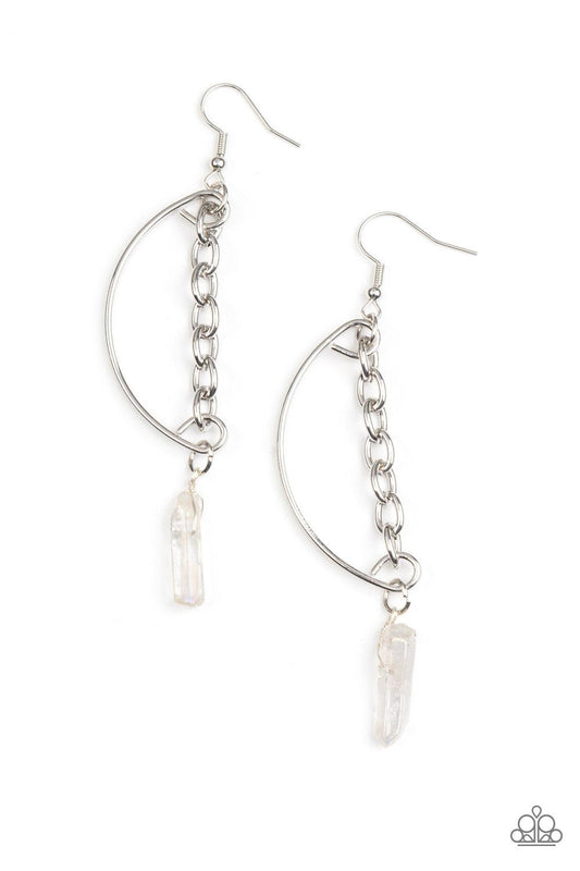 Paparazzi Accessories Yin to My Yang - White Featuring an iridescent finish, a glassy crystal-like bead swings from the bottom of a solitaire silver chain that attaches to a bowing silver bar for an edgy look. Earring attaches to a standard fishhook fitti