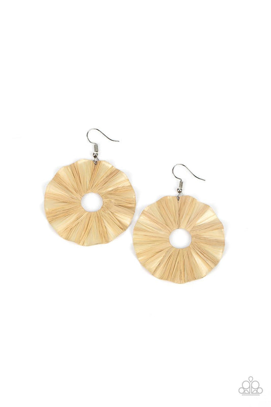 Paparazzi Accessories Fan the Breeze - Brown Shiny tan crepe-like paper is wrapped around a rippling round disc, creating a modern display. Earring attaches to a standard fishhook fitting. Sold as one pair of earrings. Jewelry