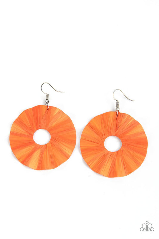 Paparazzi Accessories Fan the Breeze - Orange Shiny Burnt Orange crepe-like paper is wrapped around a rippling round disc, creating a modern display. Earring attaches to a standard fishhook fitting. Sold as one pair of earrings. Jewelry