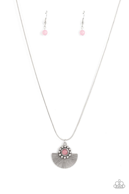 Paparazzi Accessories Magnificent Manifestation - Pink Bordered in a ring of flat silver studs, a mystical pink bead adorns the top of a textured silver half moon pendant that glides along a rounded silver snake chain for an ethereal fashion. Features an