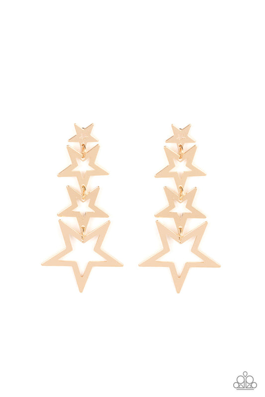 Paparazzi Accessories Superstar Crescendo - Gold Flat gold star frames gradually increase in size as they delicately link into a stellar tassel, resulting in an out-of-this-world fashion. Earring attaches to a standard post fitting. Sold as one pair of po