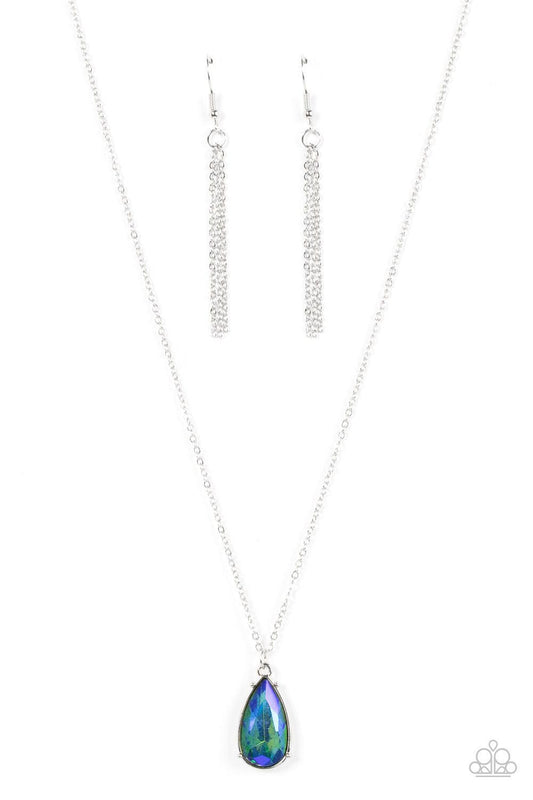 Paparazzi Accessories Interstellar Royal - Green Encased in a shiny silver fitting, a glittery UV green teardrop gem glides along a dainty silver chain below the collar for a stellar fashion. Features an adjustable clasp closure. Sold as one individual ne
