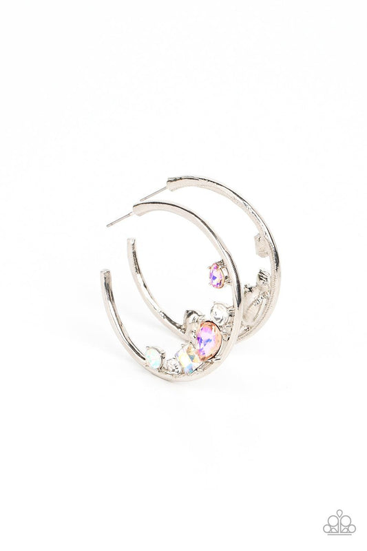 Paparazzi Accessories Attractive Allure - Orange Featuring various cuts and shimmer, mismatched white, iridescent and UV peach rhinestones delicately collect along the bottom of a classic silver hoop for a glitzy accent. Earring attaches to a standard pos