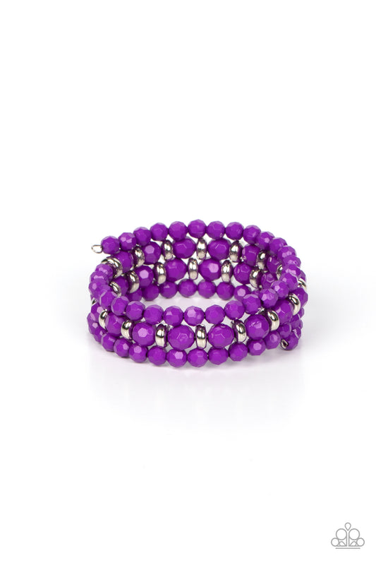 Paparazzi Accessories Its a Vibe - Purple Accented with silver discs, a mismatched assortment of faceted Dahlia beads are threaded along a wire that coils around the wrist, creating a vivacious infinity wrap bracelet. Sold as one individual bracelet. Brac