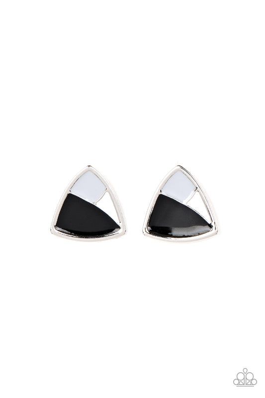 Paparazzi Accessories Kaleidoscopic Collision - Black A collision of Northern Droplet, black, and white painted accents beam inside an asymmetric triangular frame for a contemporary pop of color. Earring attaches to a standard post fitting. Sold as one pa