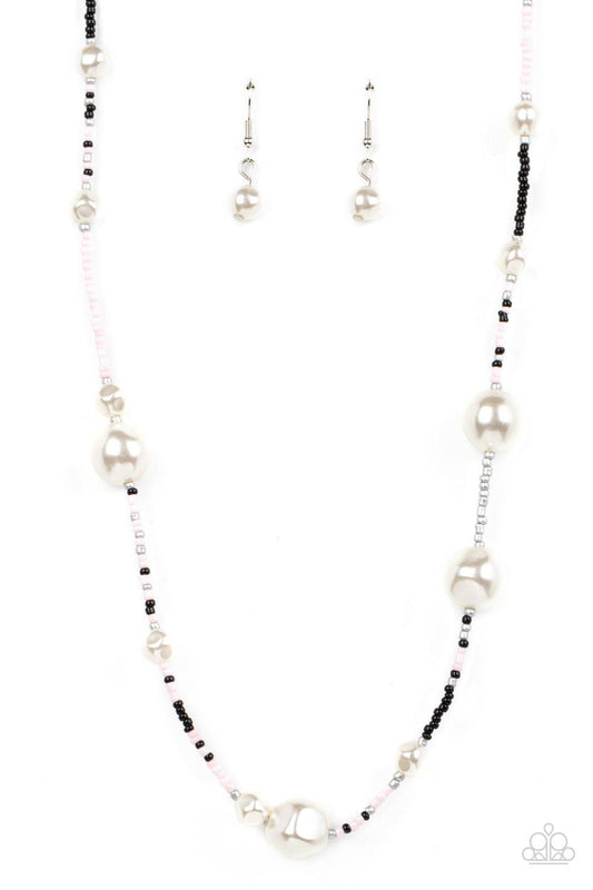 Paparazzi Accessories Modern Marina - Pink Irregular-shaped pearls in varying sizes are scattered amongst Gossamer Pink, black, and silvery seed beads that are threaded along a wire, resulting in a refreshing and playful style below the collar. Features a