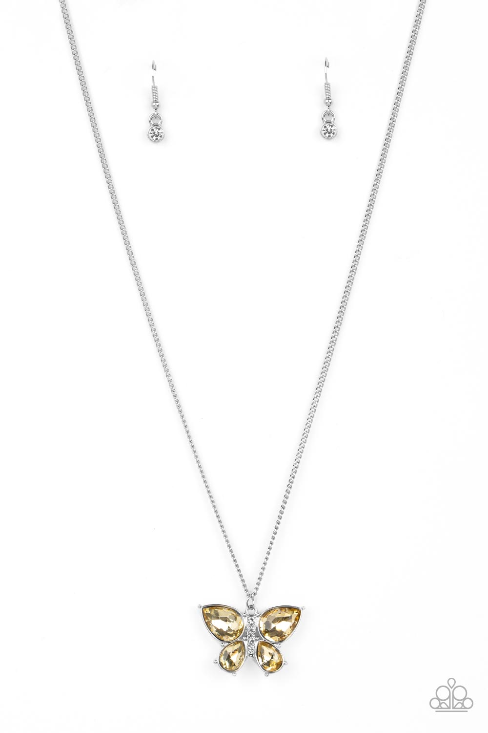 Paparazzi Accessories Free-Flying Flutter - Yellow A silver butterfly with yellow teardrop rhinestone wings and a white-rhinestone body delicately flutters at the bottom of a silver chain. Features an adjustable clasp closure. Sold as one individual neckl