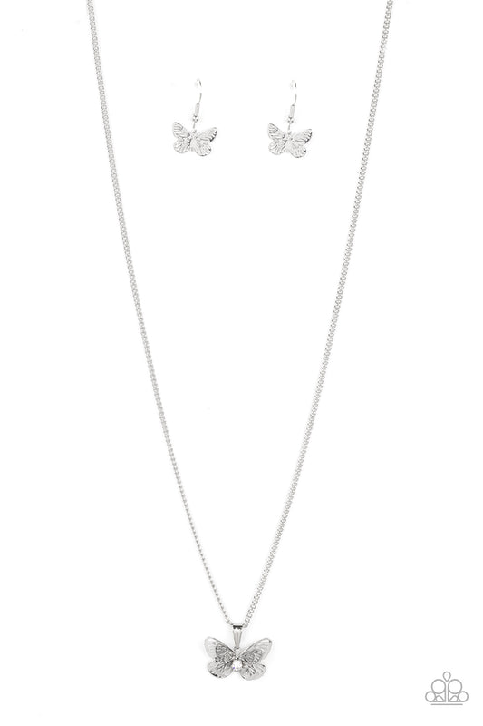 Paparazzi Accessories High-Flying Fashion - White A whimsical 3-D butterfly in a high sheen silver finish elegantly slides along a silver chain. An iridescent rhinestone is nestled at the center of the butterfly's wings, adding a hint of sparkle to the de