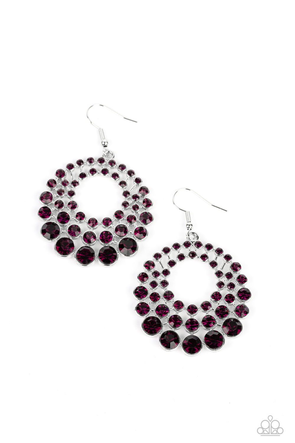 Paparazzi Accessories So Self-GLOW-rious - Purple Gradually increasing in size and intensity, row after row of glassy purple rhinestones stack into a layered hoop for a blinding effervescence. Earring attaches to a standard fishhook fitting. Sold as one p