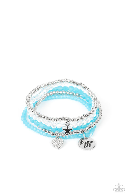 Paparazzi Accessories Teenage DREAMER - Blue Reflective blue, defaced silver, reflective white, and smooth silver beads wrap around stretchy bands, and combine into a colorful stack along the wrist. The reflective, blue-beaded bracelet features a silver p