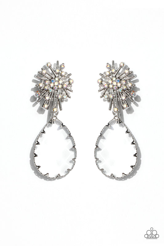 Paparazzi Accessories Stellar Shooting Star - Multi An explosion of radiating silver bars is topped with a sprinkle of iridescent rhinestones, creating a stellar anchoring point. Swinging below the starburst, an oversized, clear teardrop with a light-catc