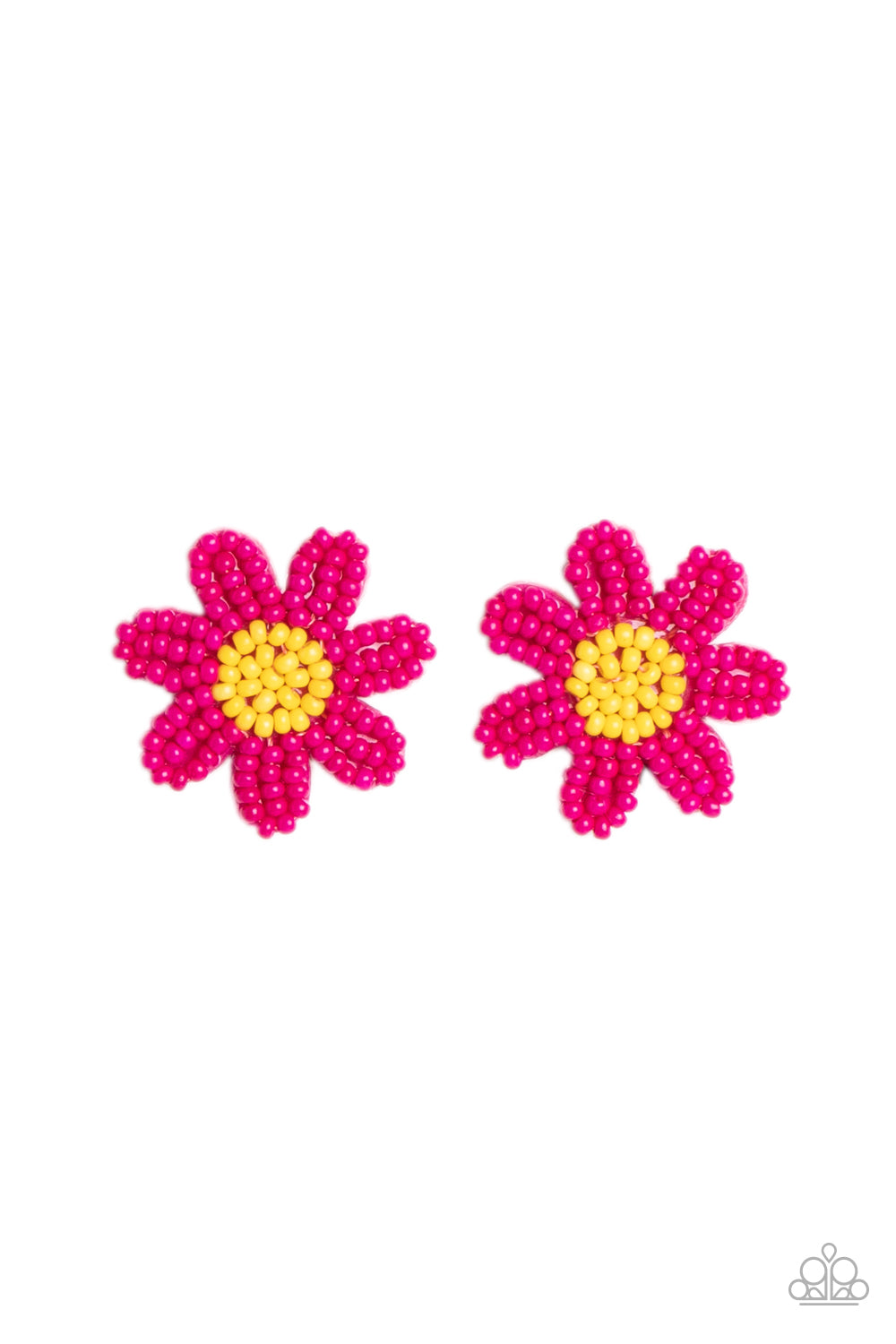 Paparazzi Accessories Sensational Seeds - Pink Layers of hot pink seed bead petals fan out from a yellow seed bead center, blooming into a textured floral centerpiece. Earring attaches to a standard post fitting. Sold as one pair of post earrings. Jewelry