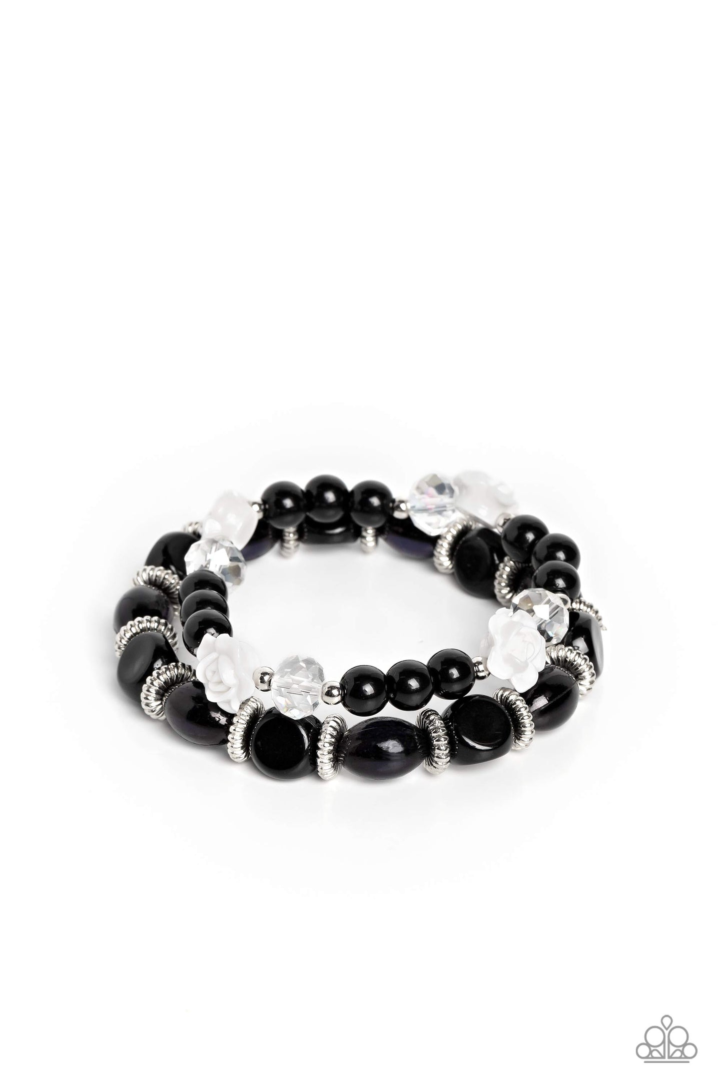 Paparazzi Accessories Who ROSE There? - Black Silver studded rings, varying shapes of black beads, silver accents, faceted clear beads, and white resin roses stretch across elastic stretchy bands around the wrist for a refined, floral display. Sold as one