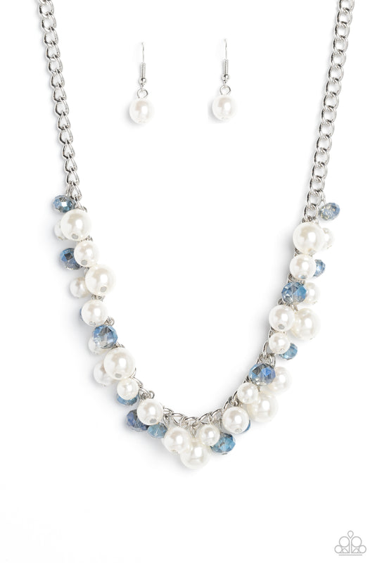 Paparazzi Accessories Glinting Goddess - Blue A faceted collection of glassy, blue crystal-like beads and classic white pearls in varying sizes flickers and flashes below the collar on a thick silver curb chain for a refined shimmer. Features an adjustabl