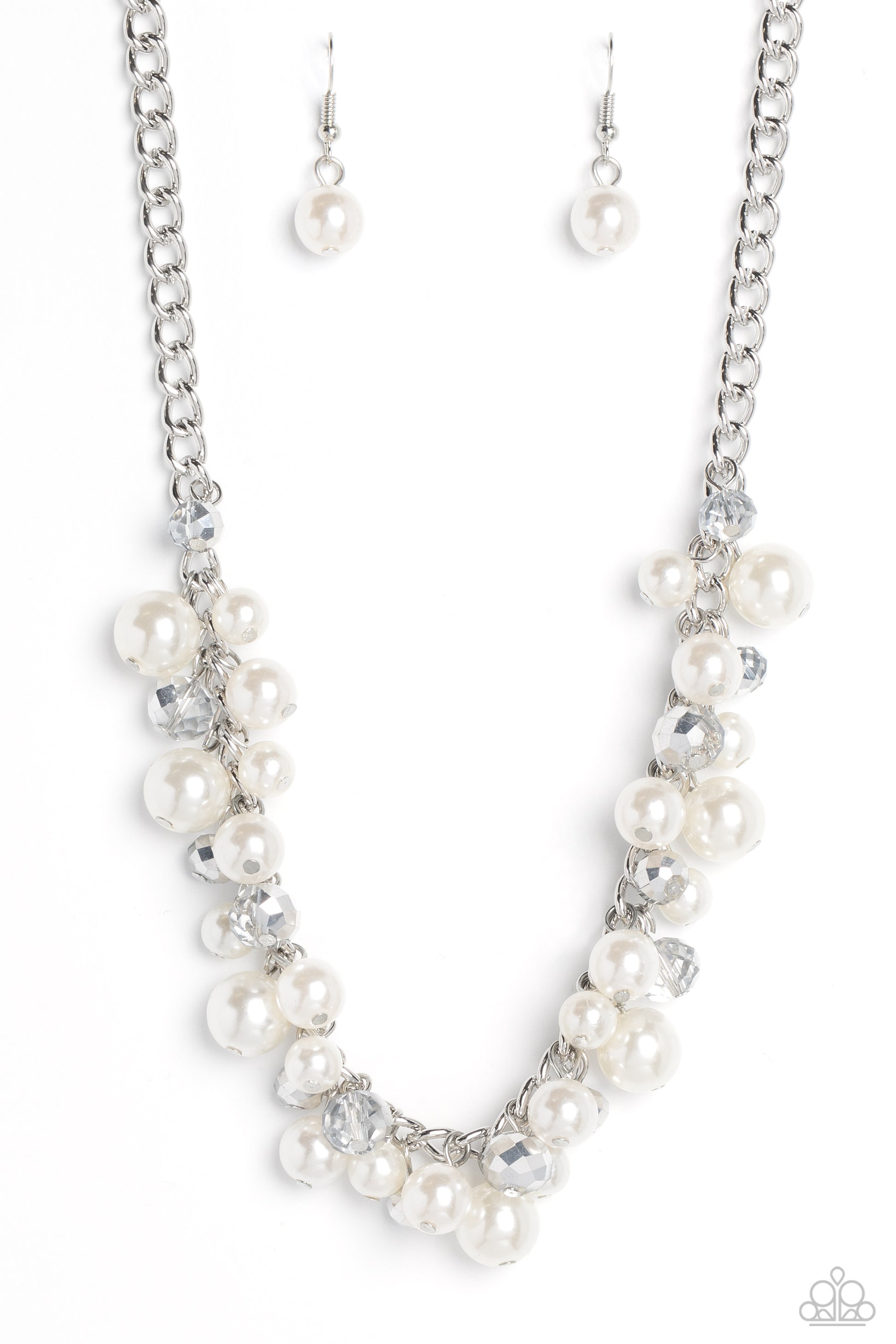Paparazzi Accessories Glinting Goddess - Silver A faceted collection of glassy, silver crystal-like beads and classic white pearls in varying sizes flickers and flashes below the collar on a thick silver curb chain for a refined shimmer. Features an adjus