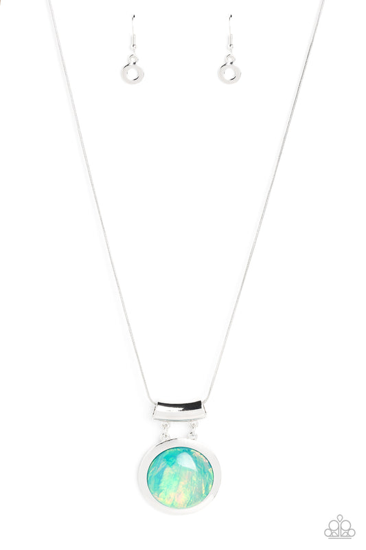 Paparazzi Accessories Starlight Starbright - Blue Featuring a refracted shimmer and an opalescent finish, an oversized, glassy blue gem falls along the chest on a silver snake chain to create a hypnotic pop of color. The exaggerated sparkle is pressed int
