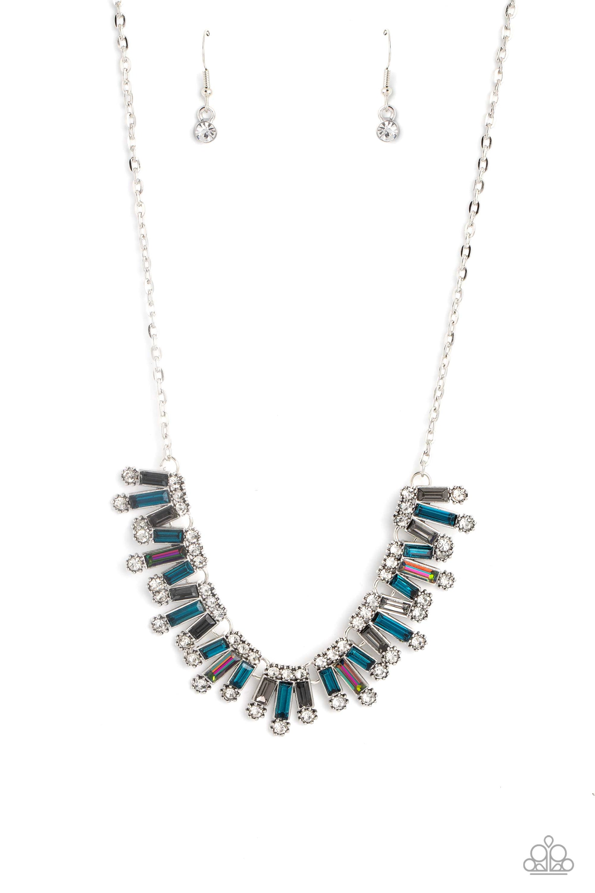 Paparazzi Accessories Sunburst Season - Multi Set in clusters around the neckline, a collection of shiny multicolored bars with a reflective finish glimmer. Dainty white gems, pressed into silver sun-studded frames, border the tops and bottoms of the colo