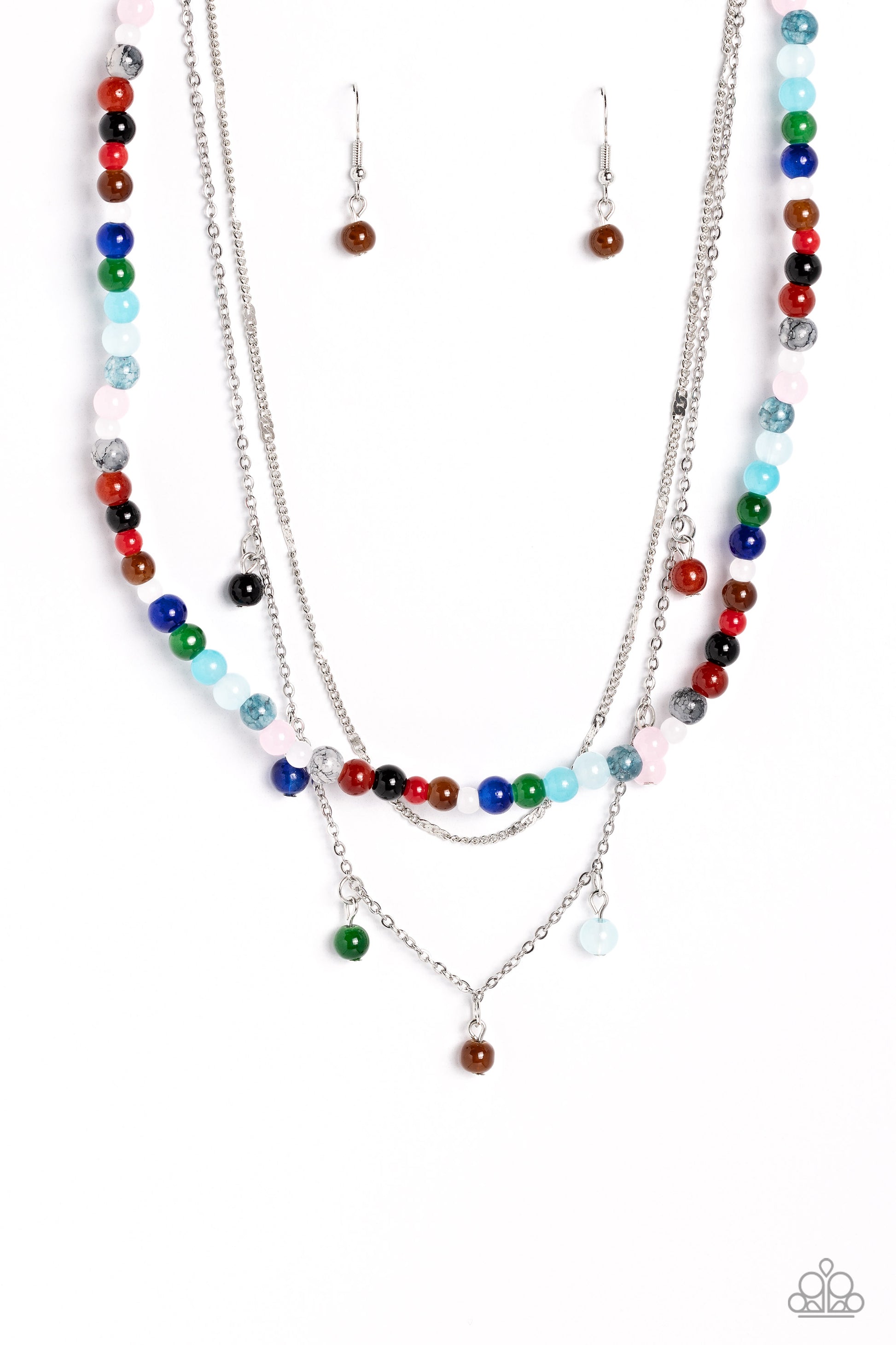 Paparazzi Accessories BEAD All About It - Multi A strand of multicolored stone beads is paired with two strands of classic silver chain, creating effortless layers along the neckline. One of the silver chains is dotted with sections of flattened silver ba
