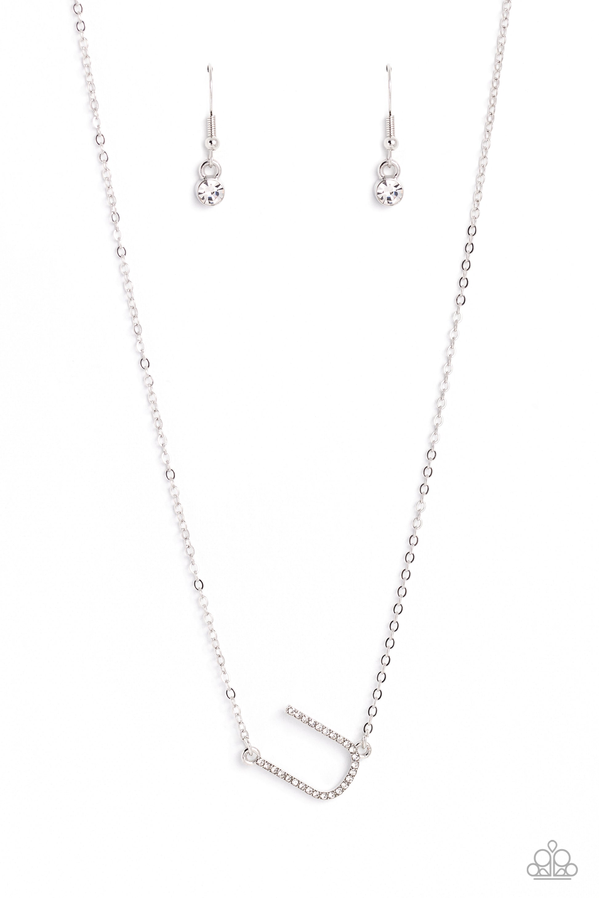 Paparazzi Accessories INITIALLY Yours - U - White Embossed with dainty white rhinestones, a silver letter "U" hovers below the collar from a dainty silver chain, for a sentimentally simple design. Features an adjustable clasp closure. Sold as one individu