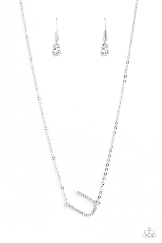 Paparazzi Accessories INITIALLY Yours - U - White Embossed with dainty white rhinestones, a silver letter "U" hovers below the collar from a dainty silver chain, for a sentimentally simple design. Features an adjustable clasp closure. Sold as one individu