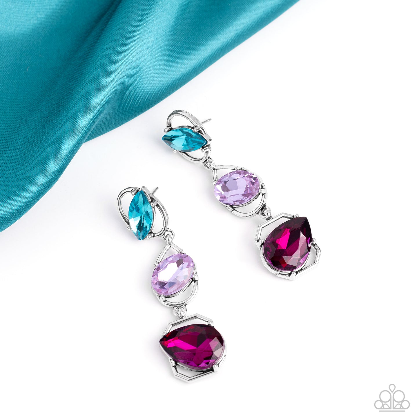Paparazzi Accessories Dimensional Dance - Multi Linking together to create a geometric lure, a sleek silver oval, teardrop, and emerald-cut frame cascade down the ear. Slanted sideways in pronged settings across each frame, a fuchsia teardrop, purple oval