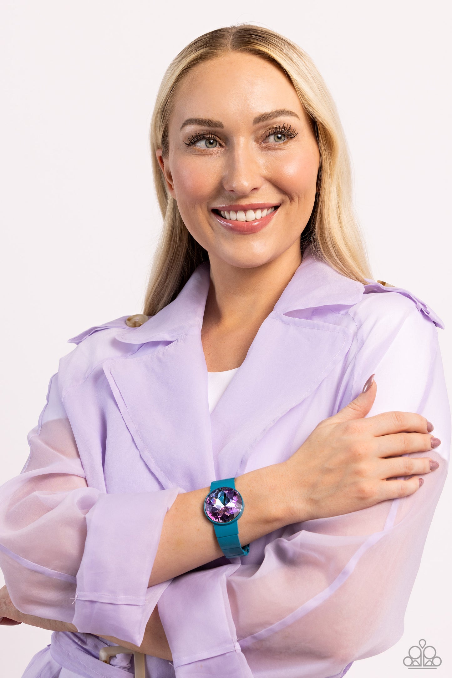 Paparazzi Accessories Exaggerated Ego - Blue Featuring a UV shimmer, an exaggerated purple gem is pressed into a metallic blue fitting along bold rectangular frames around the wrist on stretchy bands for a colorful summer look. Sold as one individual brac