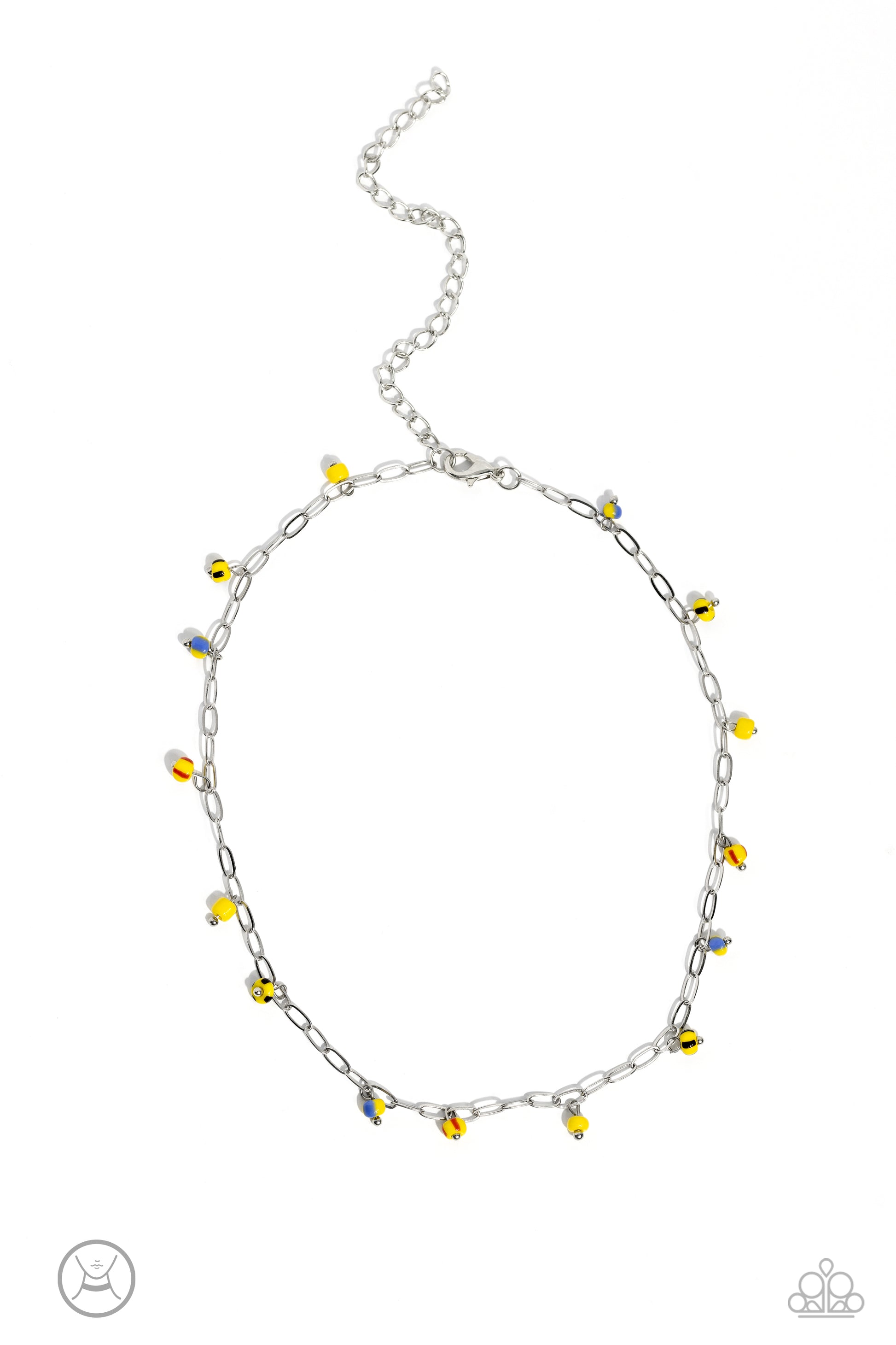Paparazzi Accessories Beach Ball Bliss - Yellow Featuring multicolored spots, bright yellow seed beads dangle along a single dainty silver link chain for a beachy flair. Features an adjustable clasp closure. Sold as one individual choker necklace. Include