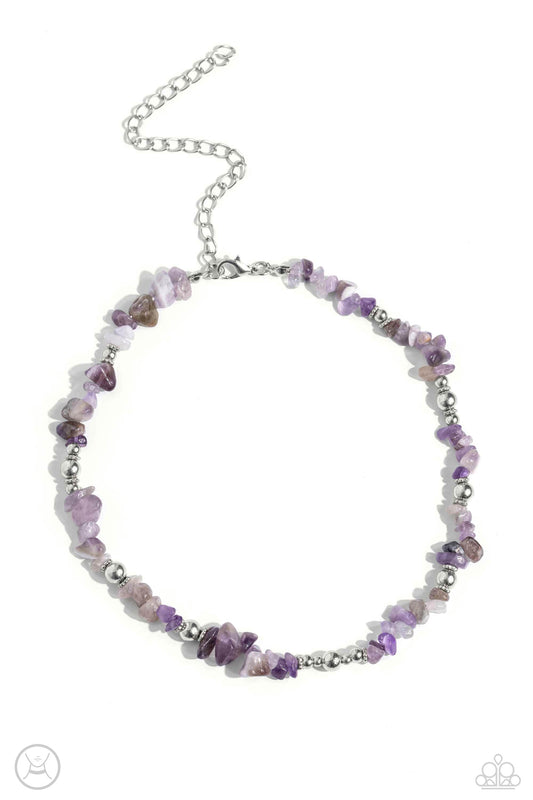 Paparazzi Accessories Carved Confidence - Purple Infused along an invisible string, a chiseled collection of amethyst stones and various silver beads wrap around the collar for an earthy pop of color. Features an adjustable clasp closure. As the stone ele
