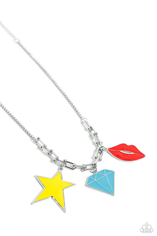 Paparazzi Accessories Scouting Shapes - Multi A strand of gleaming silver popcorn chain leads the eye down to a collection of silver horseshoe-like strands that coalesce below the collar. Attached to the horseshoe fittings, an oversized yellow star, turqu