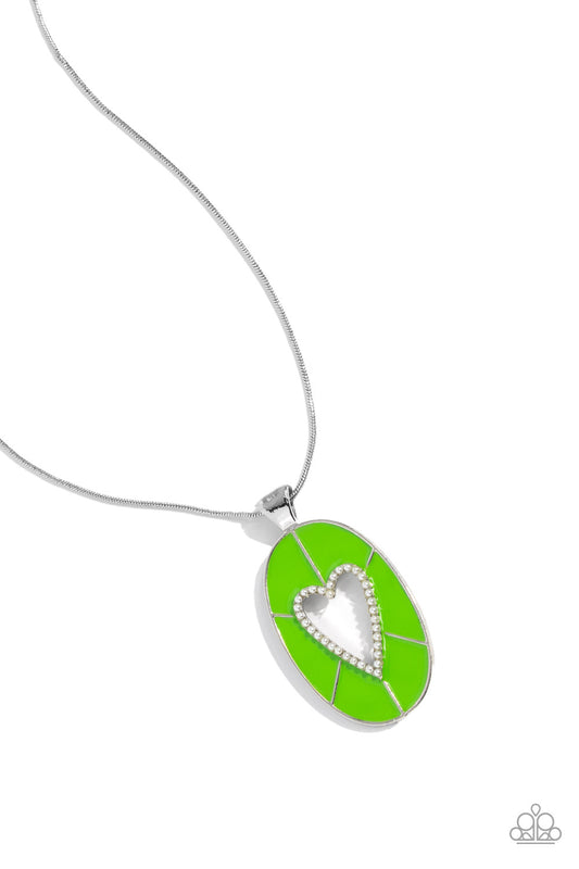Paparazzi Accessories Airy Affection - Green Featuring Kohlrabi paint, a silver oval pendant with an airy heart silhouette swings from the bottom of a silver snake chain. Dainty white pearls dust along the heart's border for a refined flair. Features an a