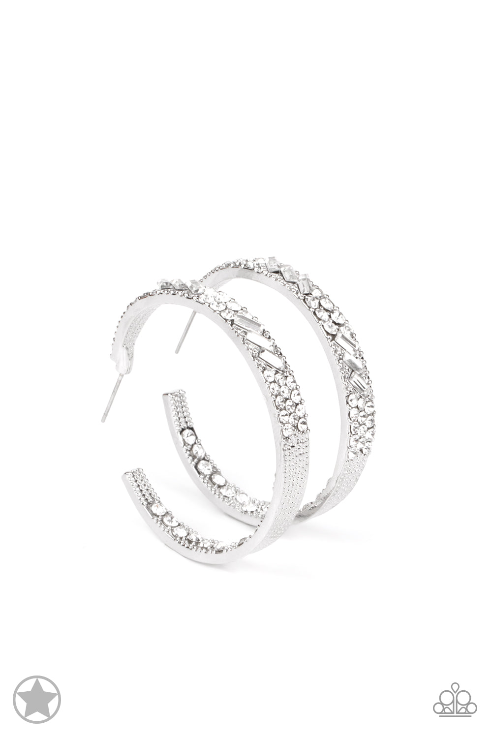 Paparazzi Accessories GLITZY By Association - White The front facing surface of a chunky silver hoop is dipped in brilliantly sparkling rhinestones while light-catching texture wraps around the back. The interior of the hoop features the opposite pattern,