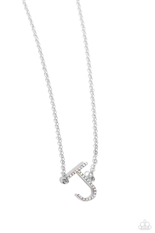 Paparazzi Accessories INITIALLY Yours - J - Multi Embossed with dainty iridescent rhinestones, a silver letter "J" hovers below the collar from a dainty silver chain, for a sentimentally simple design. Features an adjustable clasp closure. Due to its pris