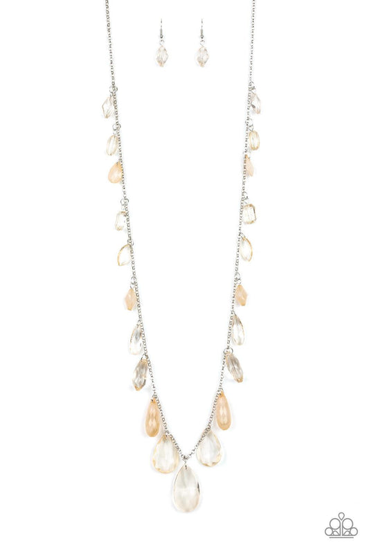 Paparazzi Accessories Glow And Steady Wins The Race - Brown A gorgeous collection of glassy and cloudy brown crystal-like beads trickle along a shimmery silver chain down the chest in a whimsical fashion. Features an adjustable clasp closure. Sold as one