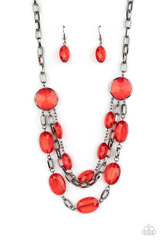 Paparazzi Accessories I Need A GLOW-cation - Red Strung between two matching red gem-like fittings, two glittery rows of red oval gems flank a strand of bold gunmetal chain below the collar for a flawlessly layered look. Features an adjustable clasp closu