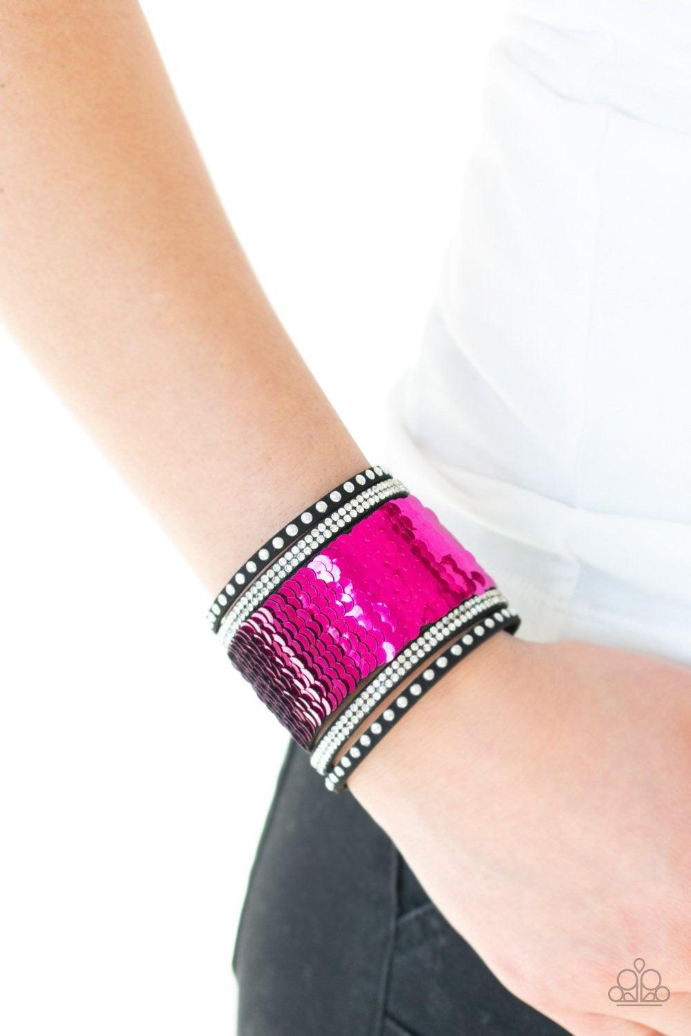 Paparazzi Accessories MERMAIDS Have More Fun - Pink Shiny silver studs, glassy white rhinestones, and shimmering sequins are sprinkled across a thick gray suede band that has been spliced into five glittery rows. Bracelet features reversible sequins that