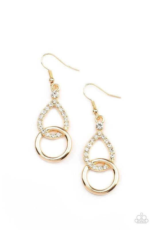 Paparazzi Accessories Red Carpet Couture - Gold A glittery white rhinestone teardrop frame links with a glistening gold ring, creating a timeless lure. Earring attaches to a standard fishhook fitting. Jewelry