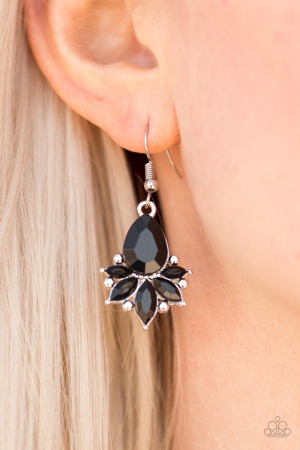 Paparazzi Accessories GLAM Up! - Black Faceted black beads fan out from a larger bead in a regal fashion. Dainty studs are added to the elegant display, adding an extra splash of shimmer to the playful display. Earring attaches to a standard fishhook fitt