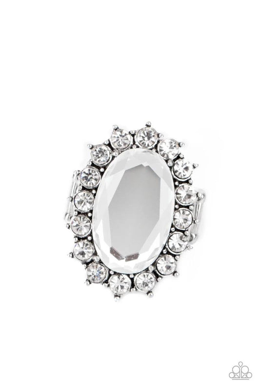 Paparazzi Accessories Bling of All Bling - White White rhinestone encrusted petals bloom from an oversized white gem, creating a dramatic centerpiece atop the finger. Features a stretchy band for a flexible fit. Rings