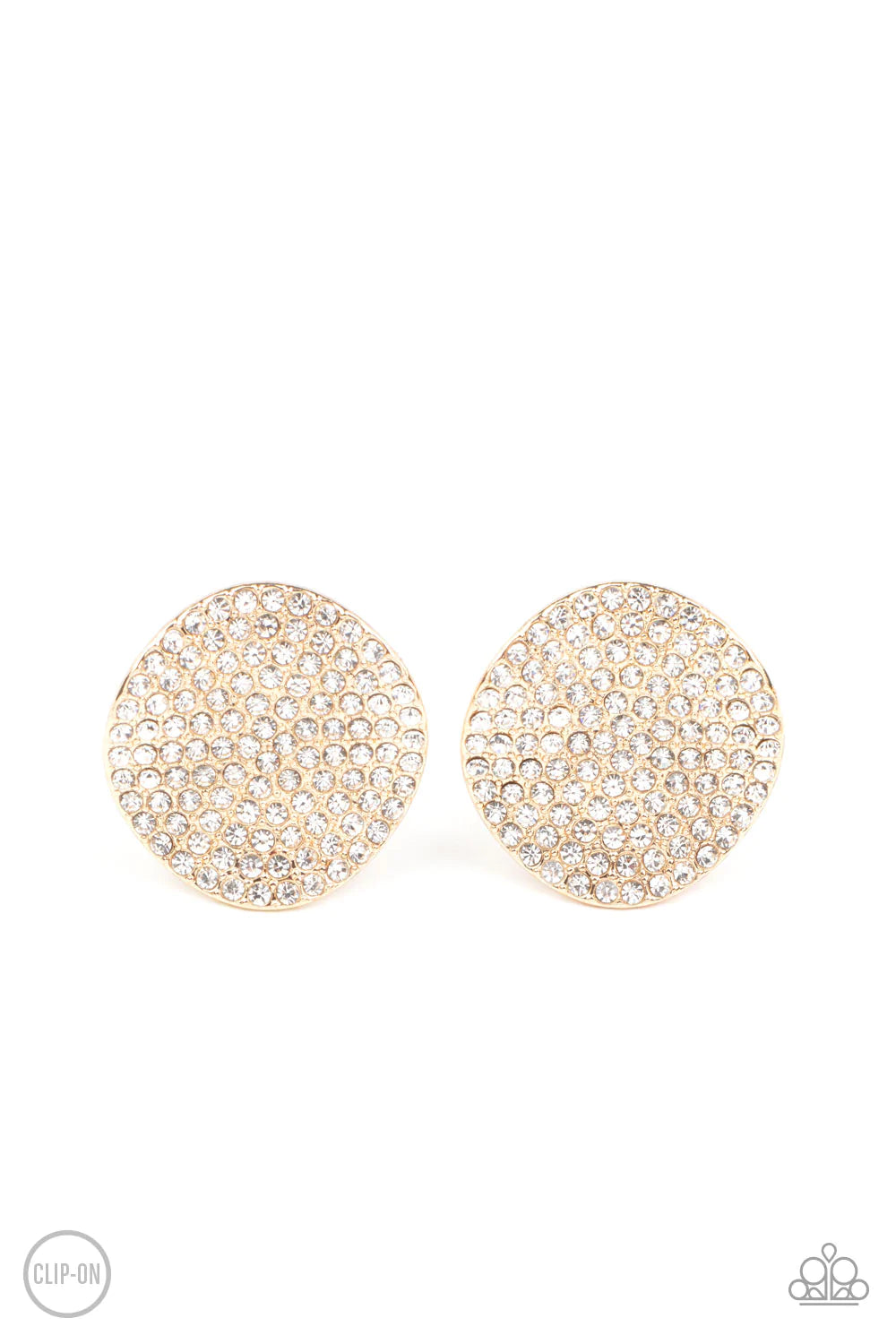 Paparazzi Accessories Lunch at the Louvre *Clip-on The front of a warped gold disc is encrusted in row after row of blinding white rhinestones, resulting in a refined display. Earring attaches to a standard clip-on fitting. Sold as one pair of clip-on ear