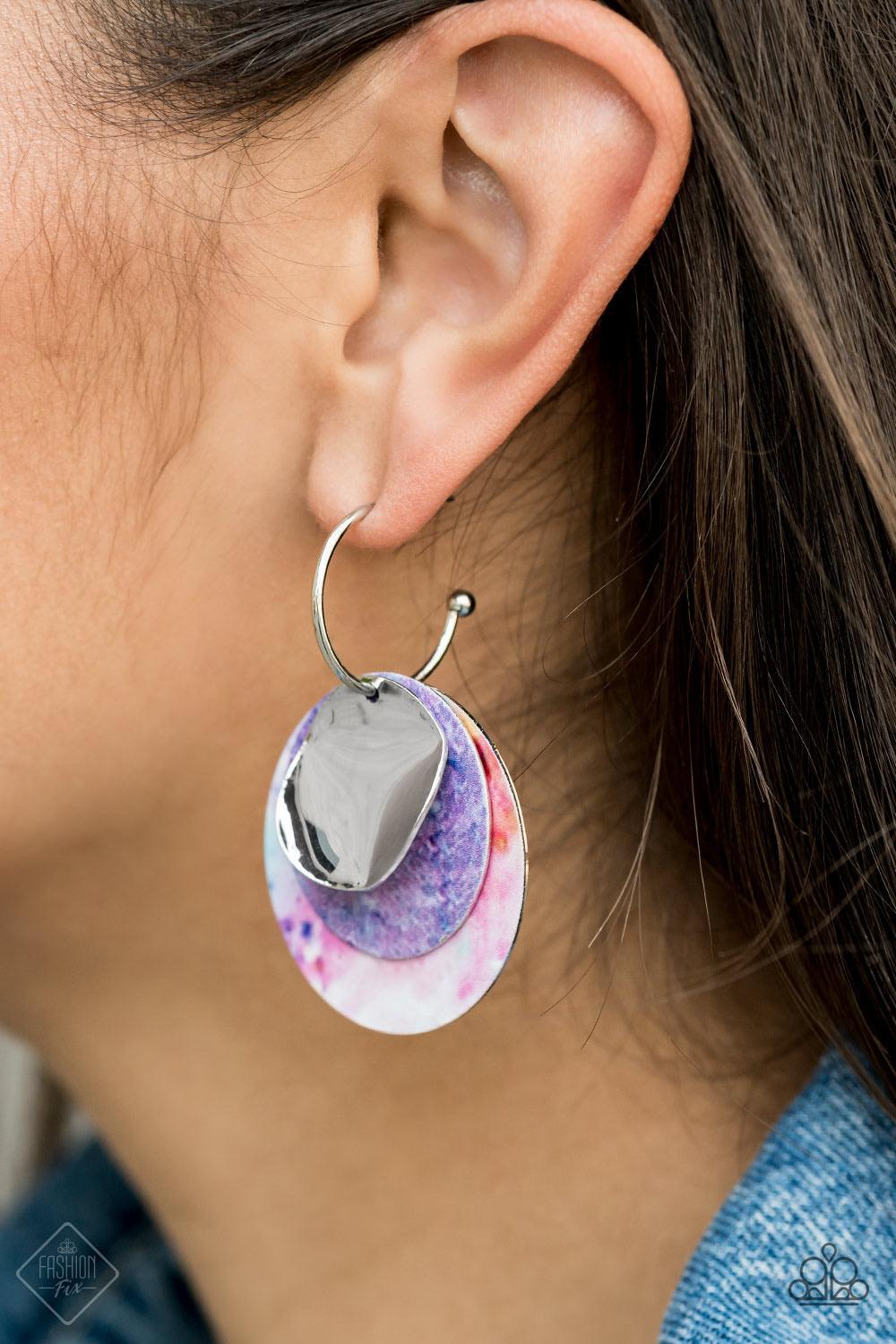 Paparazzi Accessories Ride Or TIE DYE - Multi .Featuring a retro tie dye print, two flat colorful discs and a curved silver disc stack along a dainty silver hoop with a barbell cap to create a trendy throwback look. Earring attaches to a standard post fit