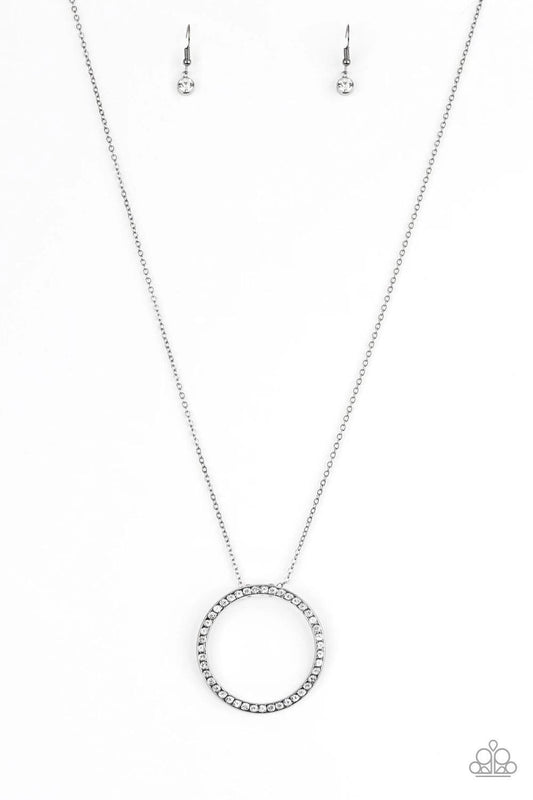 Paparazzi Accessories Center of Attention - Black Encrusted in glittery white rhinestones, a dramatic gunmetal hoop swings from the bottom of a lengthened gunmetal chain for a refined look. Features an adjustable clasp closure. Sold as one individual neck