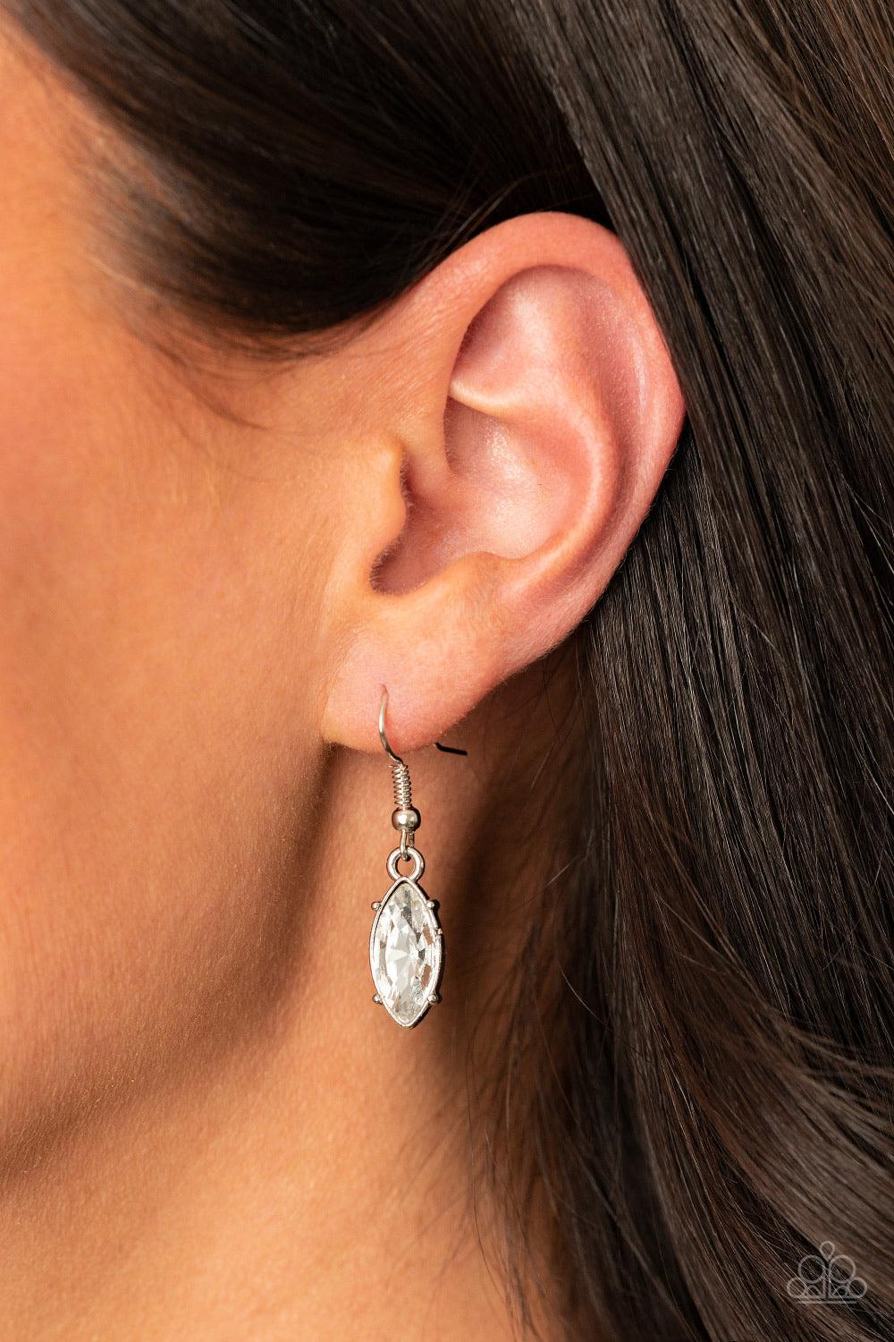 Paparazzi Accessories I Need Some HEIR - White Dotted with marquise style white rhinestones, leafy silver frames delicately connect into a vintage inspired pendant below the collar. An oversized white teardrop crowns the glittery centerpiece for an eye-ca