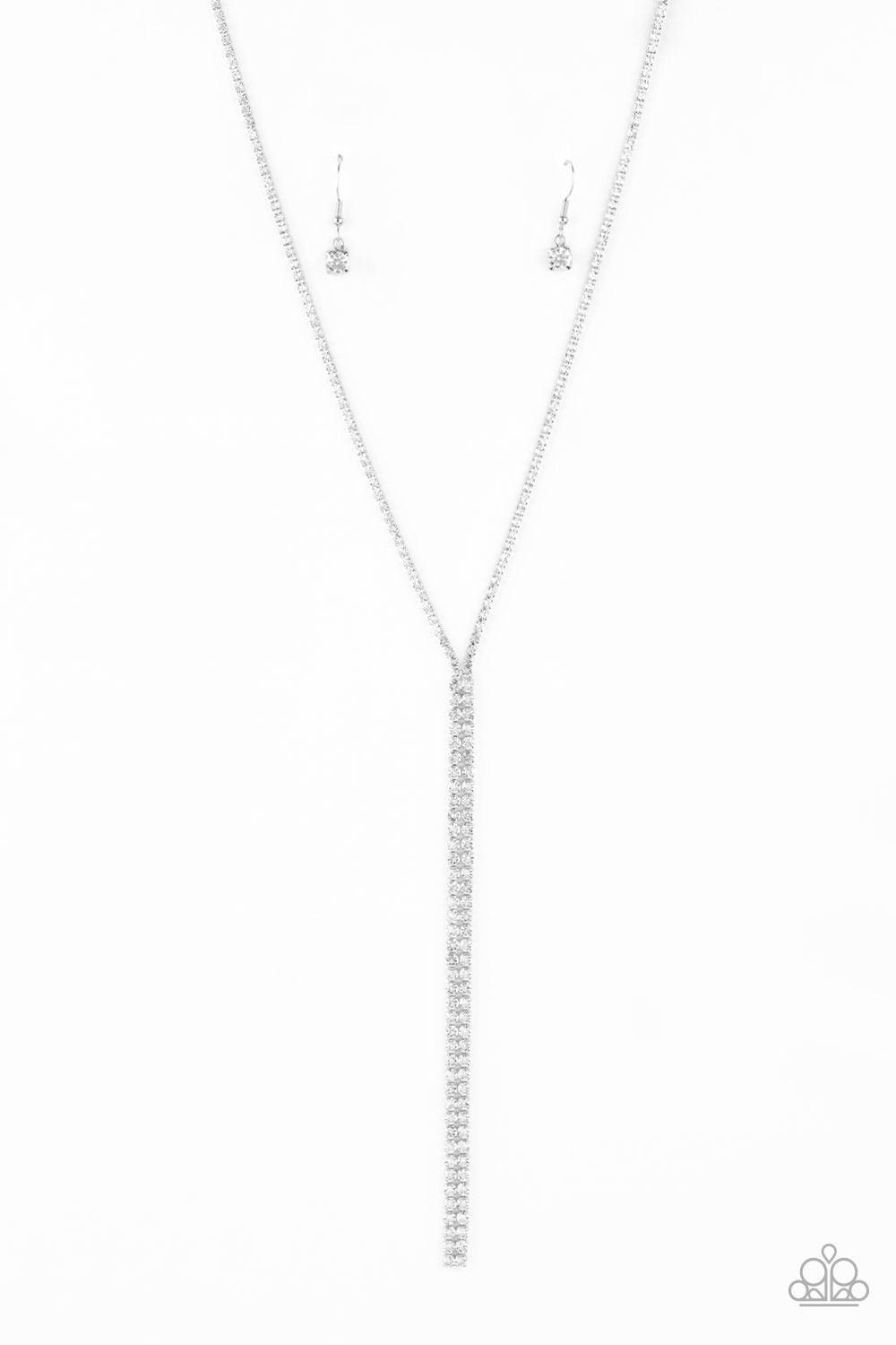 Paparazzi Accessories Inner STARLIGHT - White Featuring square silver fittings, a dainty strand of glassy white rhinestones drapes around the neck. The glittery strands delicately connect, splitting off into two twinkling tassels down the chest. Features