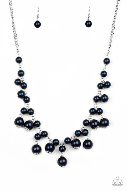Paparazzi Accessories Soon To Be Mrs. - Blue Varying in size, bubbly blue pearls swing from the bottom of a classic strand of pearls, creating a refined fringe below the collar. Features an adjustable clasp closure. Sold as one individual necklace. Includ