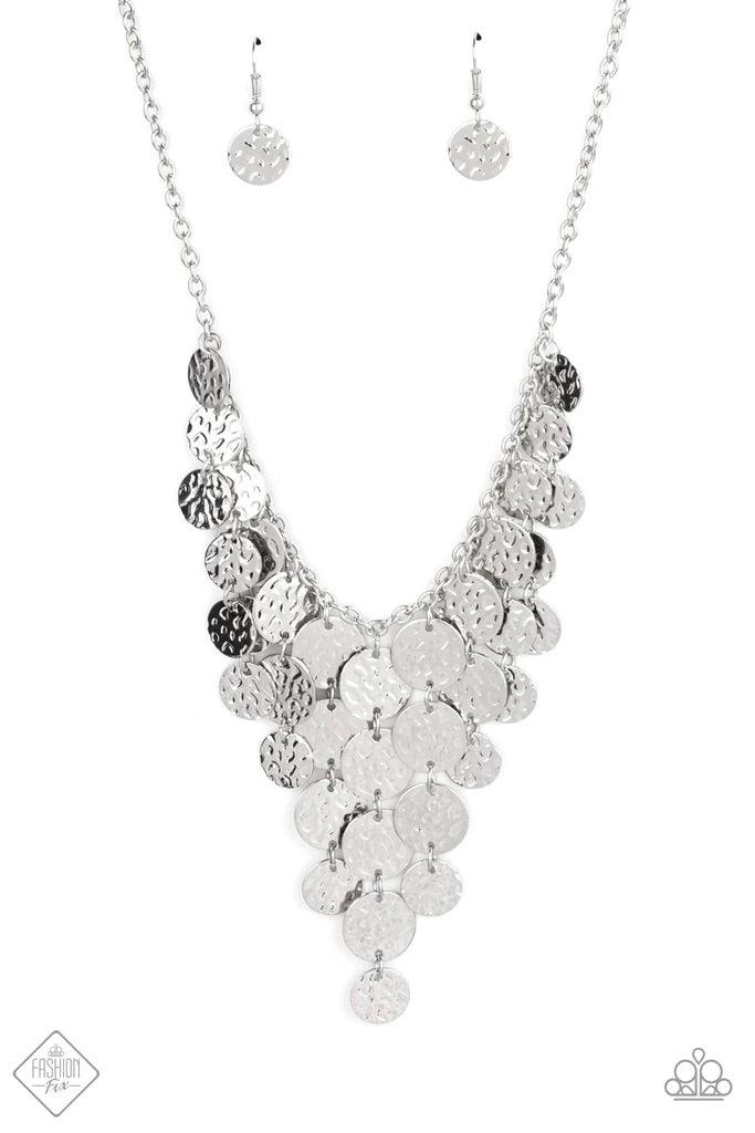 Paparazzi Accessories Spotlight Ready - Silver Rows of hammered silver discs trickle from the bottom of a dainty silver chain, creating an edgy tapered fringe that sways below the collar. Features an adjustable clasp closure. Sold as one individual neckla